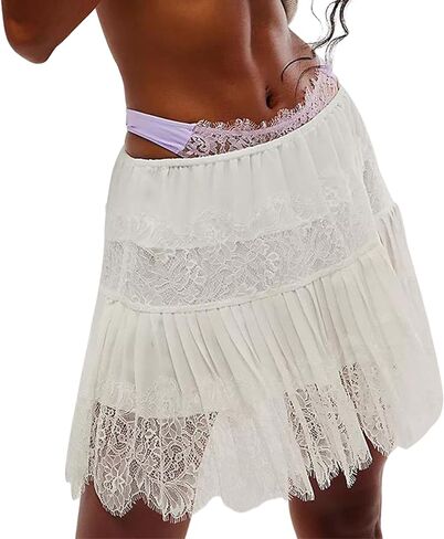 Women Y2k Lace Mini Skirts Low Elastic Rise Ruffle Half Slip Skirt Pleated Layered Flowy Short Skirt Streetwear in Kuwait