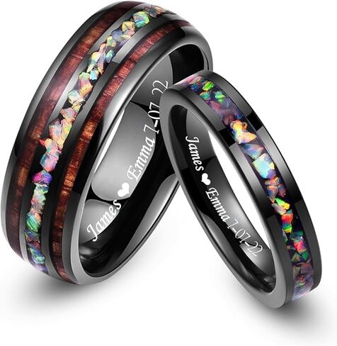 Engraved Tungsten Ring for Couples Personalized 4mm 8mm Black Koa Wood Opal Tungsten Ring for Men Women Customized Engagement Wedding Ring Sets for Him and Her in Saudi Arabia