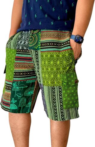 Elastic Waist Cargo Cotton Shorts | 100% Eco Friendly Hippie Style Patchwork Block | Wrinkle Resistant Breathable Shorts in Saudi Arabia