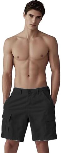 Men's Cargo Shorts, Black Cotton, Multi-Pocket Design, Casual Fit in Saudi Arabia