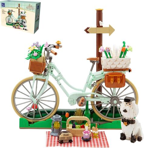 PANTASY Flower Bicycle Building Set for Adults, Vintage Floral Bike Brick Model with Spring Picnic Accessories, Puppy Figure, Cottagecore Botanical Collectible for Home Office Décor in Saudi Arabia
