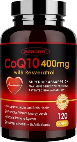 ZEBORA CoQ10-400mg with Trans-Resveratrol, PQQ & Vitamin E - High Absorption Coenzyme-Q10 with BioPerine - Powerful Antioxidant for Heart & Energy-Production,120 Veggie Capsules in Kuwait