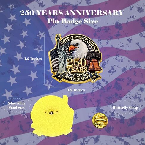 250 Anniversary USA Lapel Pin 10/20/50/100Pcs 1.2inch America Patriot Collectible Accessories 250 Years Of Freedom 1776-2026 for Patriot's Day Independence Day in Saudi Arabia