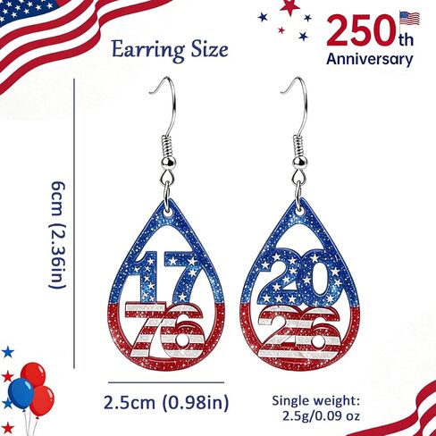 Mysense 250 Anniversary USA Merchandise,Red White & Blue Patriotic Acrylic Teardrop Dangle Earrings,Ideal for 4th of July Outfits & Accessories,Perfect Patriotic Gift for Women in Saudi Arabia