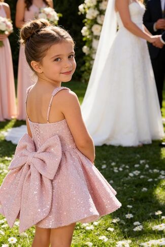 Sparkly Sequin Flower Girl Dress for Wedding Spaghetti Straps Cute Toddler Birthday Party Dress with Bow in Kuwait