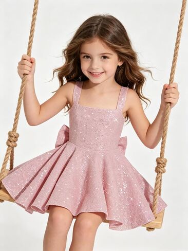 Sparkly Sequin Flower Girl Dress for Wedding Spaghetti Straps Cute Toddler Birthday Party Dress with Bow in Kuwait