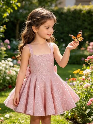 Sparkly Sequin Flower Girl Dress for Wedding Spaghetti Straps Cute Toddler Birthday Party Dress with Bow in Kuwait