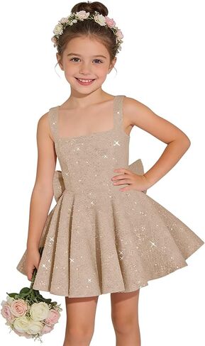 Sparkly Sequin Flower Girl Dress for Wedding Spaghetti Straps Cute Toddler Birthday Party Dress with Bow in Kuwait