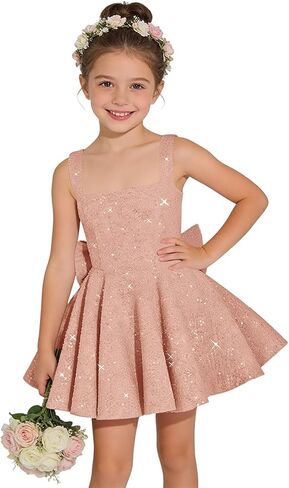 Sparkly Sequin Flower Girl Dress for Wedding Spaghetti Straps Cute Toddler Birthday Party Dress with Bow in Kuwait