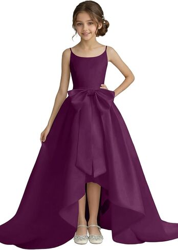 فساتين Rjin Satin Flower Girl لحفلات الزفاف Hi-Lo أول مناولة للفتيات فستان رسمي للحفلات مع فيونكة in Kuwait
