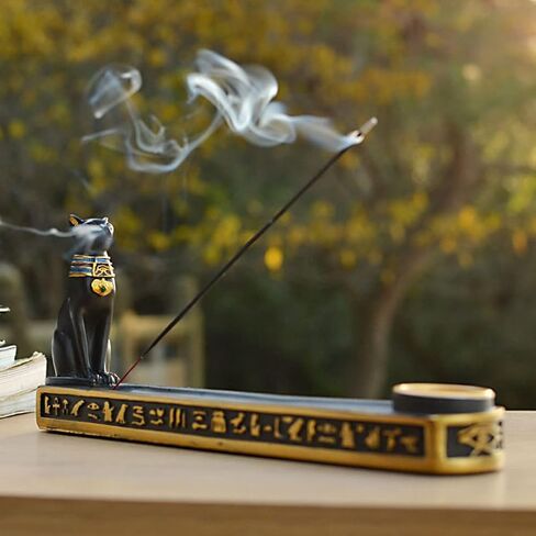 OwMell Egyptian Incense Holder for Sticks, Egyptian Cone Incense Burner with Ash Catcher, Incense Tray for Sticks 10" - Egyptian Cat in Saudi Arabia