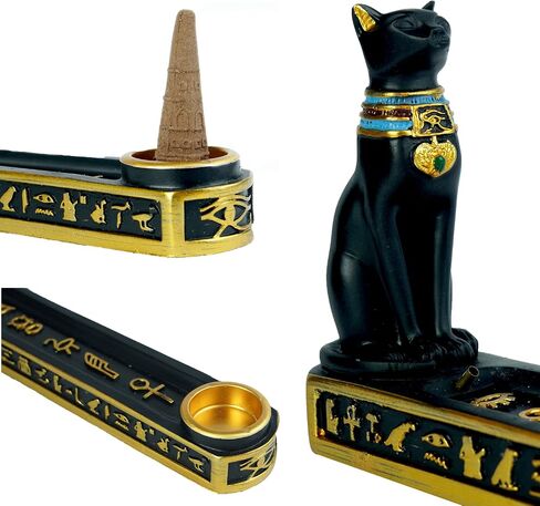 OwMell Egyptian Incense Holder for Sticks, Egyptian Cone Incense Burner with Ash Catcher, Incense Tray for Sticks 10" - Egyptian Cat in Saudi Arabia