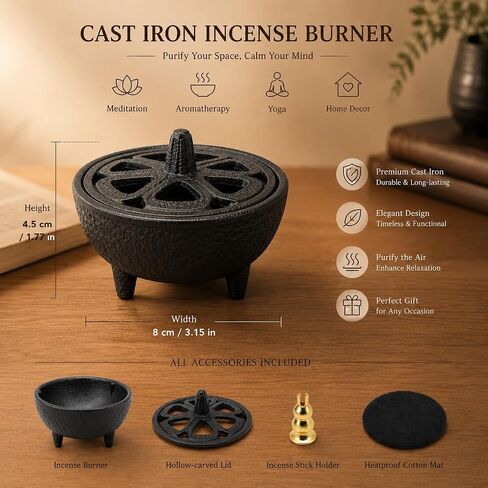 Cast Iron Incense Burner with Fireproof Cotton, Bakhoor Burner for Resin, Charcoal, Cones & Sticks, Meditation & Yoga Decor in Saudi Arabia