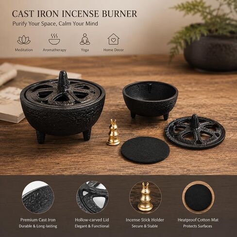 Cast Iron Incense Burner with Fireproof Cotton, Bakhoor Burner for Resin, Charcoal, Cones & Sticks, Meditation & Yoga Decor in Saudi Arabia