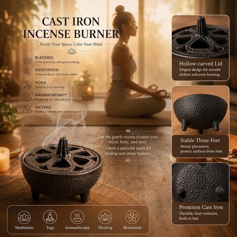 Cast Iron Incense Burner with Fireproof Cotton, Bakhoor Burner for Resin, Charcoal, Cones & Sticks, Meditation & Yoga Decor in Saudi Arabia