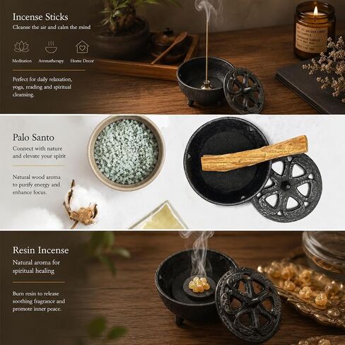 Cast Iron Incense Burner with Fireproof Cotton, Bakhoor Burner for Resin, Charcoal, Cones & Sticks, Meditation & Yoga Decor in Saudi Arabia