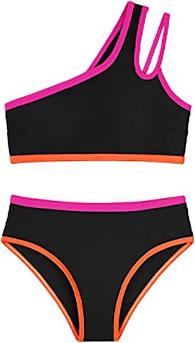 Girls Two Piece Bikini Swimsuit One Shoulder Contrast Trim Bathing Suit Quick Dry Summer Beach Swimwear 7-16 Years in Kuwait