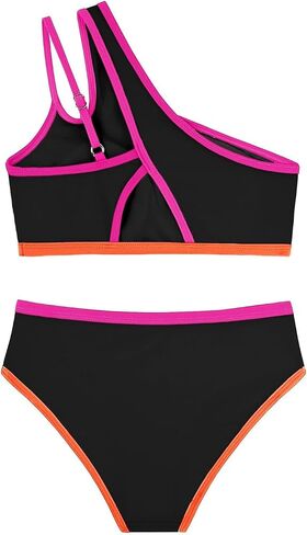 Girls Two Piece Bikini Swimsuit One Shoulder Contrast Trim Bathing Suit Quick Dry Summer Beach Swimwear 7-16 Years in Kuwait