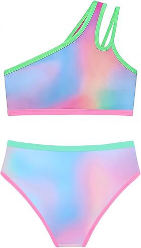 Girls Two Piece Bikini Swimsuit One Shoulder Contrast Trim Bathing Suit Quick Dry Summer Beach Swimwear 7-16 Years in Kuwait