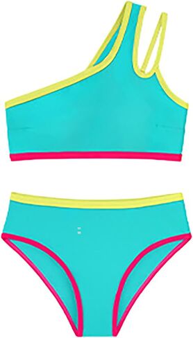 Girls Two Piece Bikini Swimsuit One Shoulder Contrast Trim Bathing Suit Quick Dry Summer Beach Swimwear 7-16 Years in Kuwait