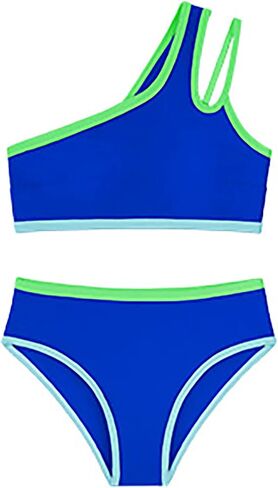 Girls Two Piece Bikini Swimsuit One Shoulder Contrast Trim Bathing Suit Quick Dry Summer Beach Swimwear 7-16 Years in Kuwait