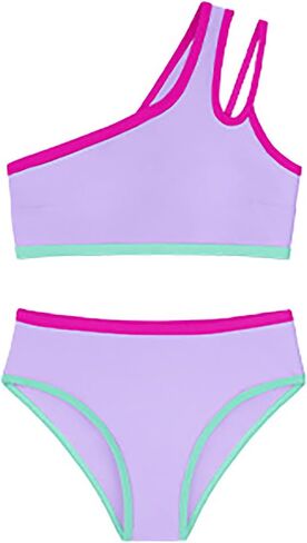Girls Two Piece Bikini Swimsuit One Shoulder Contrast Trim Bathing Suit Quick Dry Summer Beach Swimwear 7-16 Years in Kuwait