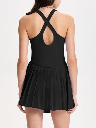 Sexyasasii Womens Square Neck Tennis Dress Pleated Sleeveless Built in Shorts and Bra Golf Athletic Dress with Pockets in Saudi Arabia