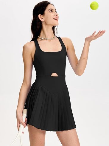 Sexyasasii Womens Square Neck Tennis Dress Pleated Sleeveless Built in Shorts and Bra Golf Athletic Dress with Pockets in Saudi Arabia