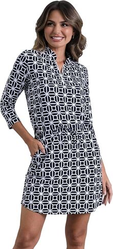 IBKUL Athleisure Wear Sun Protective UPF 50+ Icefil Cooling-Carolyn 3/4 Sleeve Drawstring Dress in Kuwait