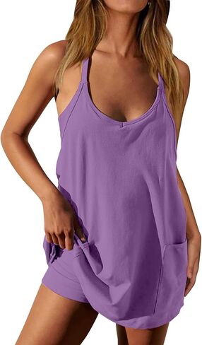 Tennis Dress for Womens Sleeveless Romper with Shorts Athletic Dress Workout Skort Casual Jumpsuit with Pockets in Kuwait