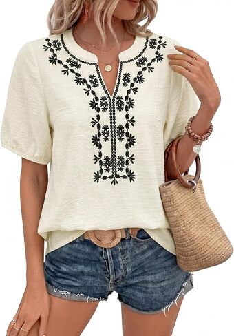 Youtalia Womens Boho V Neck Short Sleeve Blouses Embroidered Floral Casual Loose Fit Vacation Tops Shirts in Kuwait