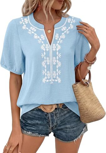 Youtalia Womens Boho V Neck Short Sleeve Blouses Embroidered Floral Casual Loose Fit Vacation Tops Shirts in Saudi Arabia