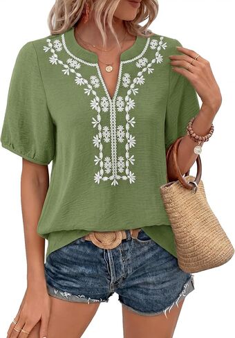 Youtalia Womens Boho V Neck Short Sleeve Blouses Embroidered Floral Casual Loose Fit Vacation Tops Shirts in Saudi Arabia