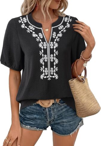 Youtalia Womens Boho V Neck Short Sleeve Blouses Embroidered Floral Casual Loose Fit Vacation Tops Shirts in Saudi Arabia