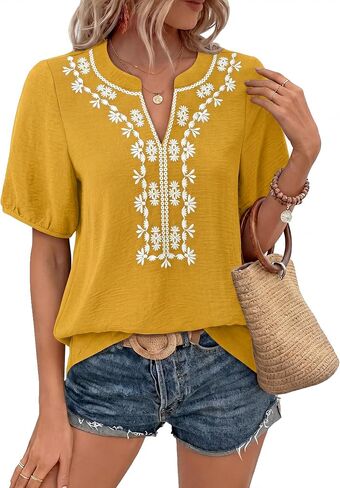 Youtalia Womens Boho V Neck Short Sleeve Blouses Embroidered Floral Casual Loose Fit Vacation Tops Shirts in Saudi Arabia