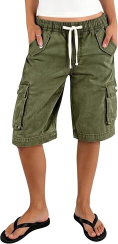 Flamingals Mid Waist Bermuda Cargo Shorts for Women Drawstring Flap Pocket Casual Shorts in Saudi Arabia