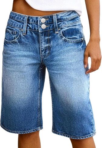 Flamingals Straight Leg Denim Bermuda Shorts for Women High Rise Washed Flap Pocket Dual Button Casual Shorts in Saudi Arabia