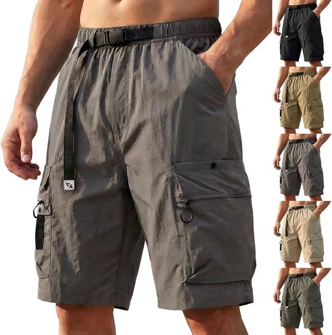 Men's Cargo Shorts Casual Drawstring Elastic Waist Athletic Workout Quick Dry Hiking Work Shorts with Multi Pockets in Saudi Arabia