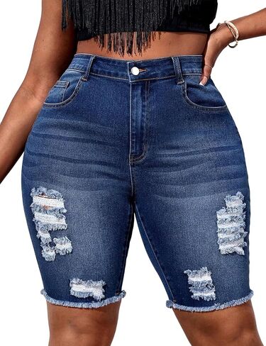 MapleHub Womens Plus Size Denim Shorts High Waisted Stretchy Ripped Midi Bermuda Roll Hem Jean Short in Saudi Arabia