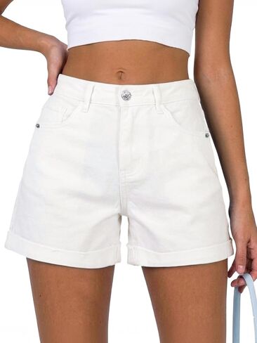 ELLEVEN Women's Baggy Jean Shorts A-Line Stretchy Denim Shorts Casual Summer Loose Fit Folded Hem Jorts in Kuwait
