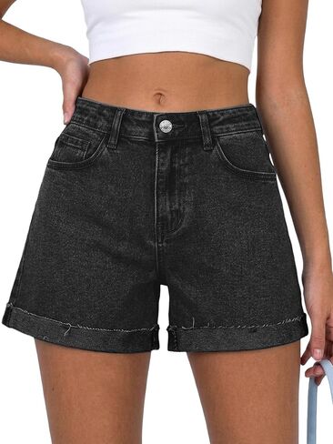 ELLEVEN Women's Baggy Jean Shorts A-Line Stretchy Denim Shorts Casual Summer Loose Fit Folded Hem Jorts in Kuwait