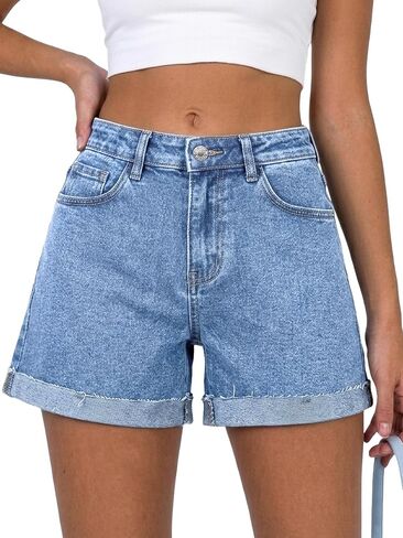 ELLEVEN Women's Baggy Jean Shorts A-Line Stretchy Denim Shorts Casual Summer Loose Fit Folded Hem Jorts in Kuwait