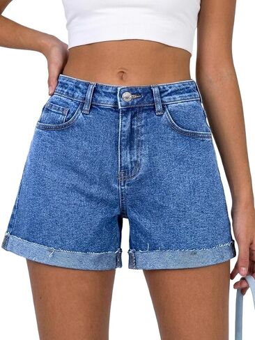 ELLEVEN Women's Baggy Jean Shorts A-Line Stretchy Denim Shorts Casual Summer Loose Fit Folded Hem Jorts in Kuwait