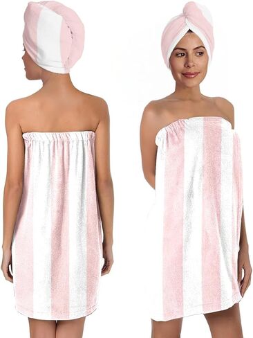 Pink White Striped Bath Wrap Set with Hair Turban, Pink and White Pattern Spa Towel Wrap, Towel Robe for Women in Kuwait