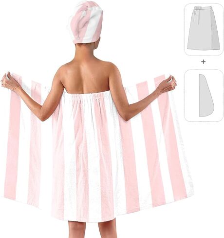 Pink White Striped Bath Wrap Set with Hair Turban, Pink and White Pattern Spa Towel Wrap, Towel Robe for Women in Kuwait