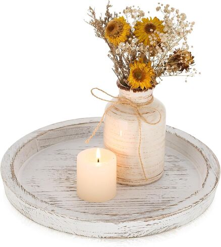 Romadedi Rustic Wooden Tray Candle Holder - Round Wood Decorative Pillar Candle Tray for Coffee Table Farmhouse Kitchen Countertop Organizer Home Decor Wedding Centerpiece, Distressed White in Kuwait