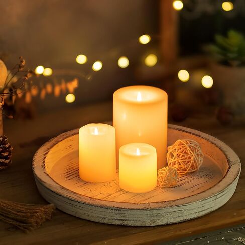 Romadedi Rustic Wooden Tray Candle Holder - Round Wood Decorative Pillar Candle Tray for Coffee Table Farmhouse Kitchen Countertop Organizer Home Decor Wedding Centerpiece, Distressed White in Kuwait