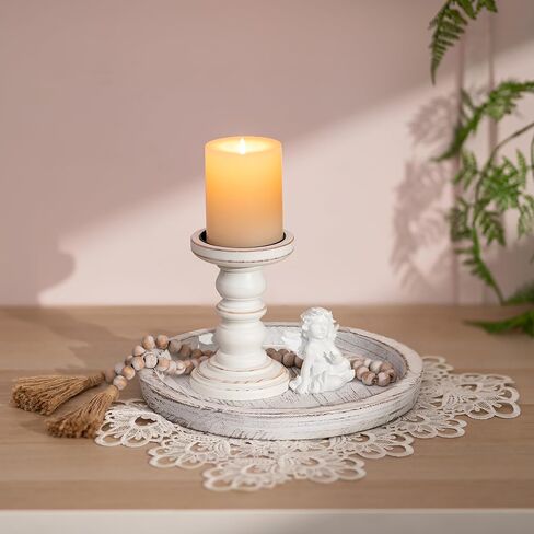 Romadedi Rustic Wooden Tray Candle Holder - Round Wood Decorative Pillar Candle Tray for Coffee Table Farmhouse Kitchen Countertop Organizer Home Decor Wedding Centerpiece, Distressed White in Kuwait