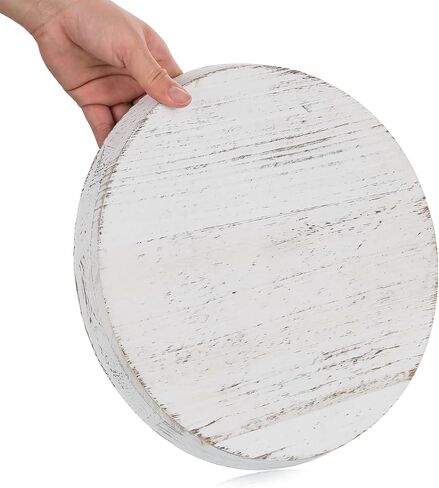 Romadedi Rustic Wooden Tray Candle Holder - Round Wood Decorative Pillar Candle Tray for Coffee Table Farmhouse Kitchen Countertop Organizer Home Decor Wedding Centerpiece, Distressed White in Kuwait