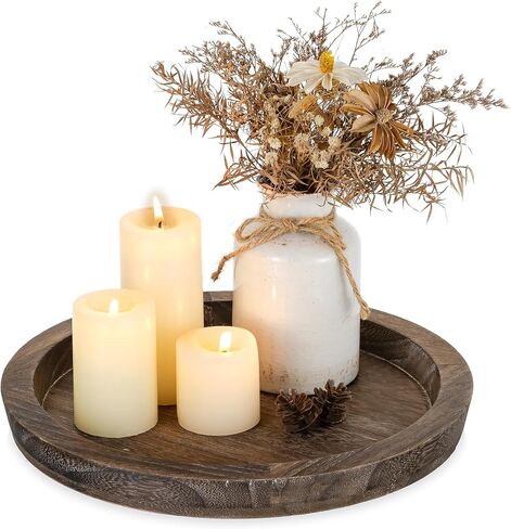 Romadedi Rustic Wooden Tray Candle Holder - Round Wood Decorative Pillar Candle Tray for Coffee Table Farmhouse Kitchen Countertop Organizer Home Decor Wedding Centerpiece, Distressed White in Kuwait